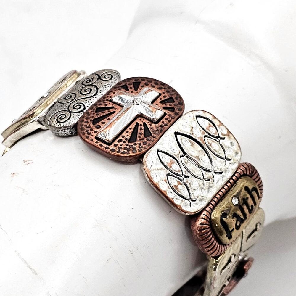 Faith Mixed Metal Stretch Bracelet Christian Cross Engraved Inspirational